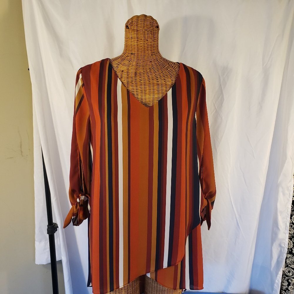 Est. 1948 Women's Striped Slit Sleeve V-Neck Blouse - Orange/Brown/Blue - L